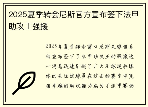 2025夏季转会尼斯官方宣布签下法甲助攻王强援